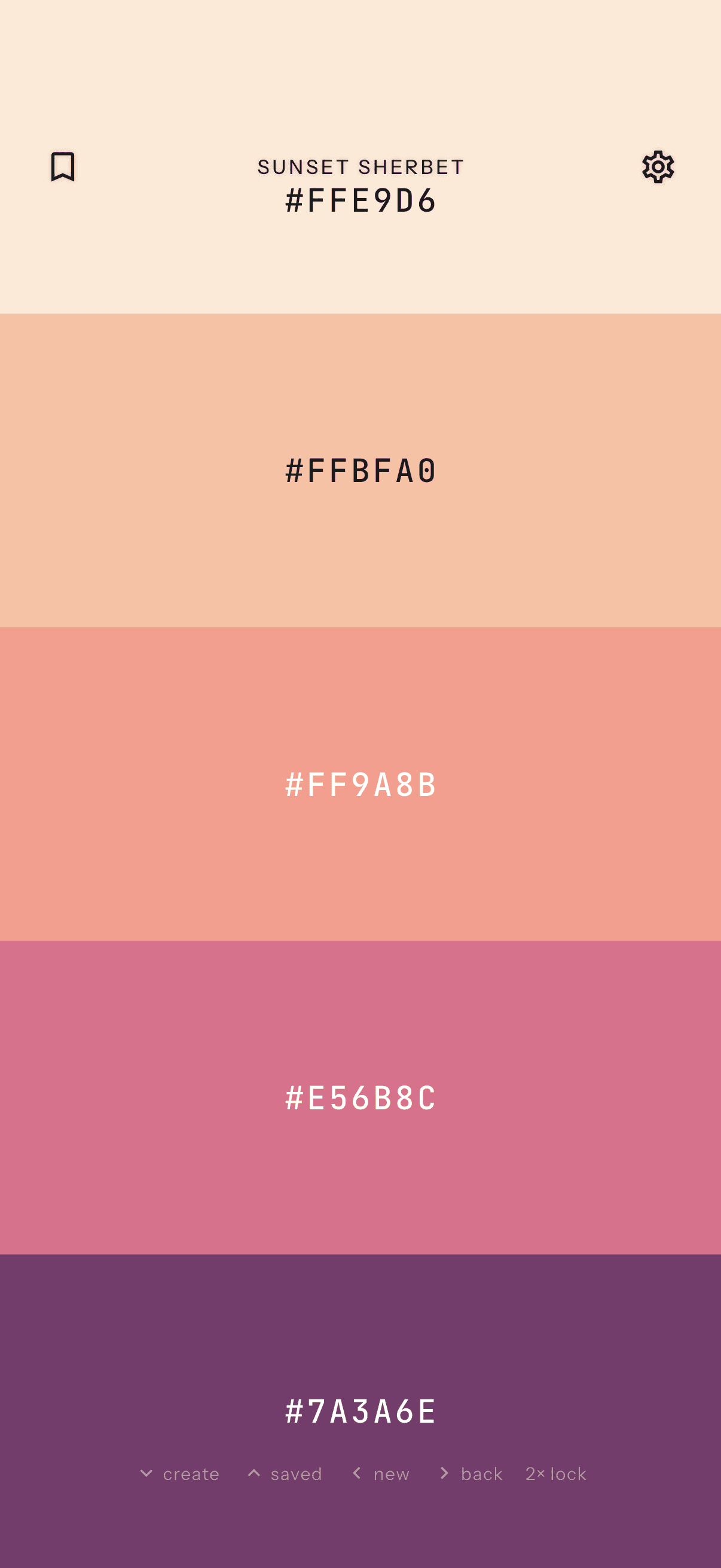 Pigmnt on iPhone showing the Sunset Sherbet palette with hex codes for every color