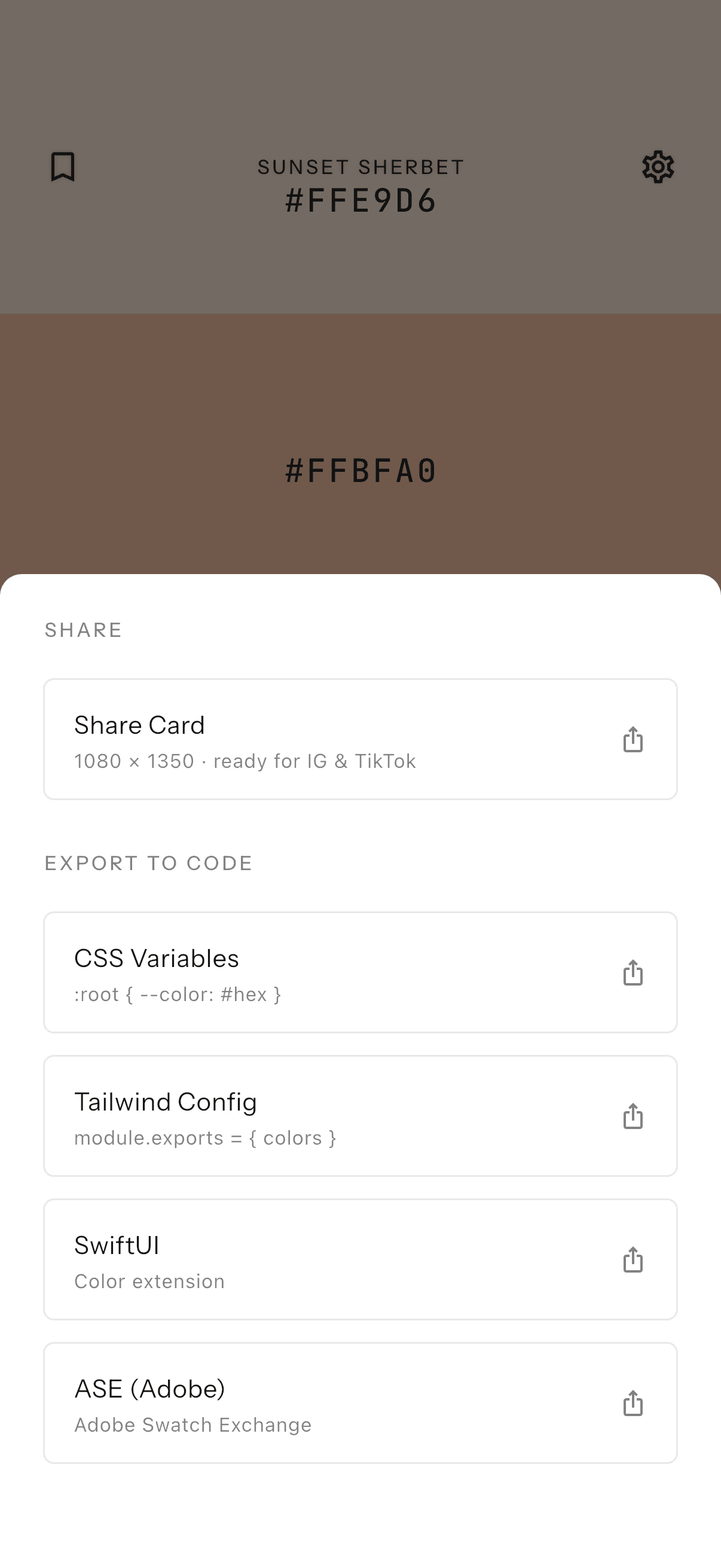 The export sheet in Pigmnt offering a share card plus CSS variables, Tailwind config, SwiftUI and Adobe ASE