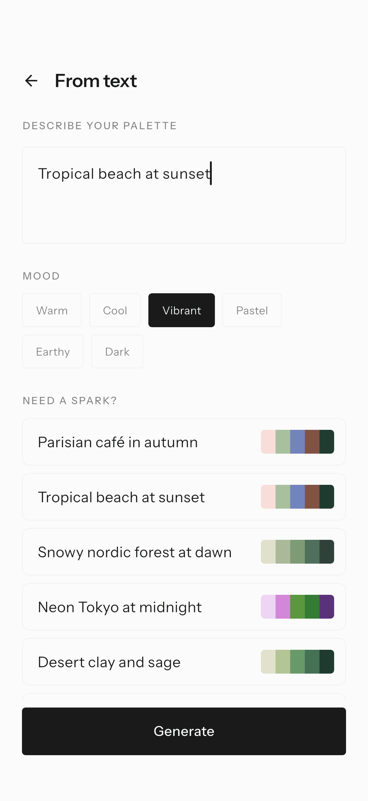 The From text screen in Pigmnt: a description field, mood chips like Warm, Cool and Vibrant, and suggested prompts